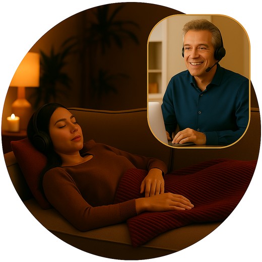 Cliënt in diepe ontspanning tijdens online sessie